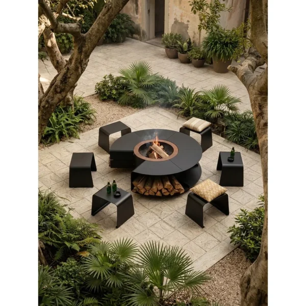 Matte Black Outdoor Fire Pit Table with Log Store and Stools in black — in a room setting