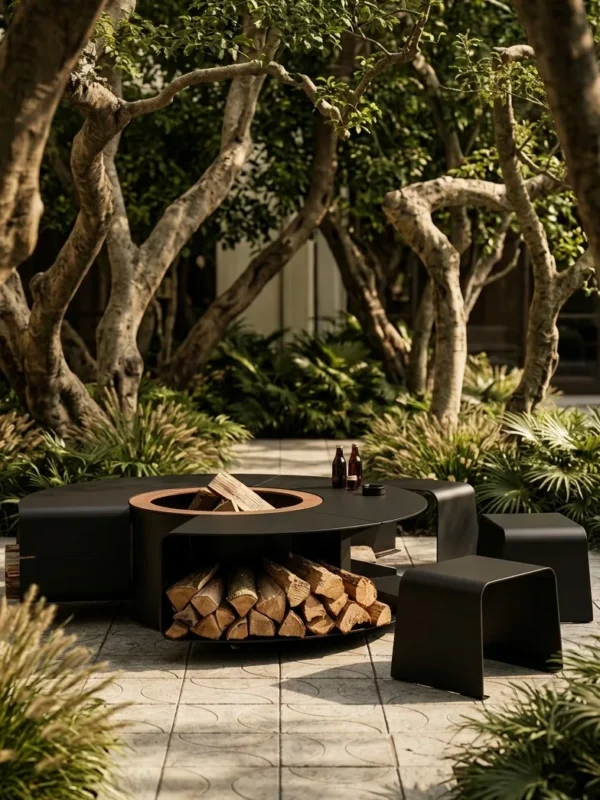 Matte Black Outdoor Fire Pit Table with Log Store and Stools in black — in a room setting