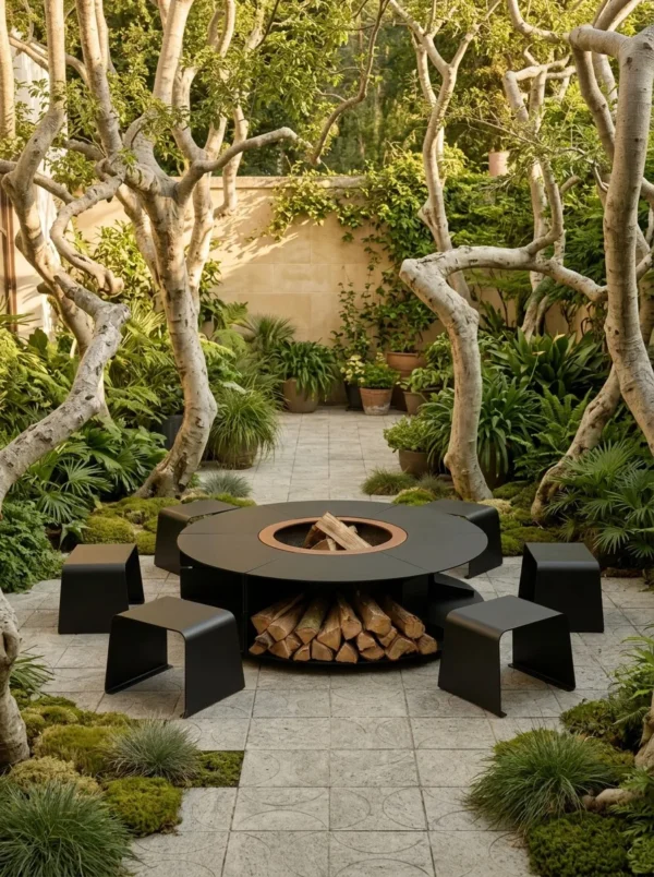 Matte Black Outdoor Fire Pit Table with Log Store and Stools in black — in a room setting