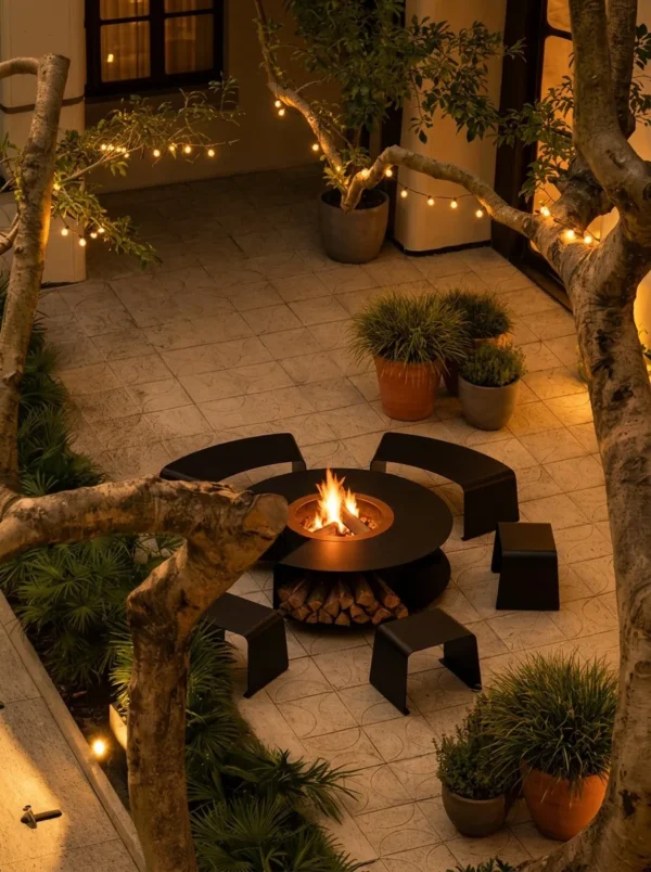 Matte Black Outdoor Fire Pit Table with Log Store and Stools in black — in a room setting