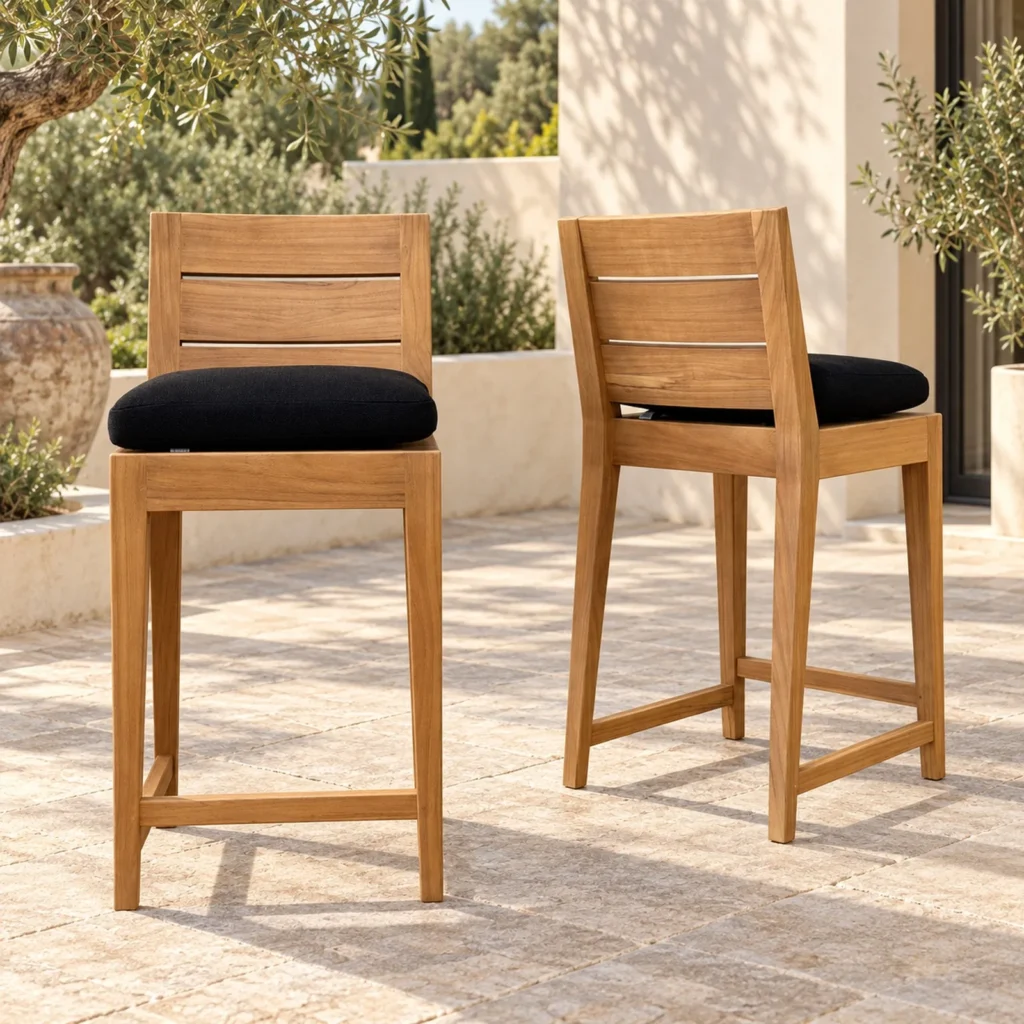 Outdoor Teak Bar Stool with Slatted Back and Black Cushion in natural oak — front view