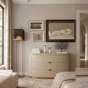 Oval Cream Lacquer Three-Drawer Chest in oatmeal — front view