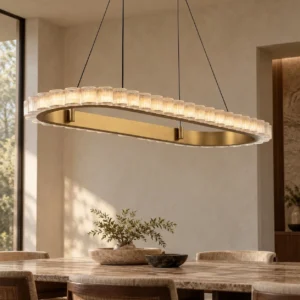 Oval Crystal Tube Gold Ring Linear Chandelier, 105 cm in brushed brass — front view