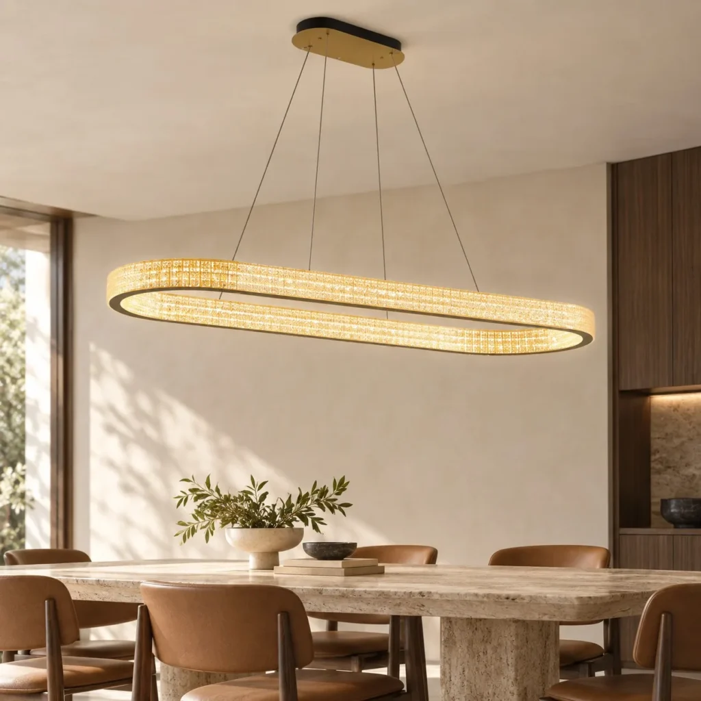 Oval Textured Gold Ring Linear Pendant Light, 90 or 120 cm in brushed brass — front view