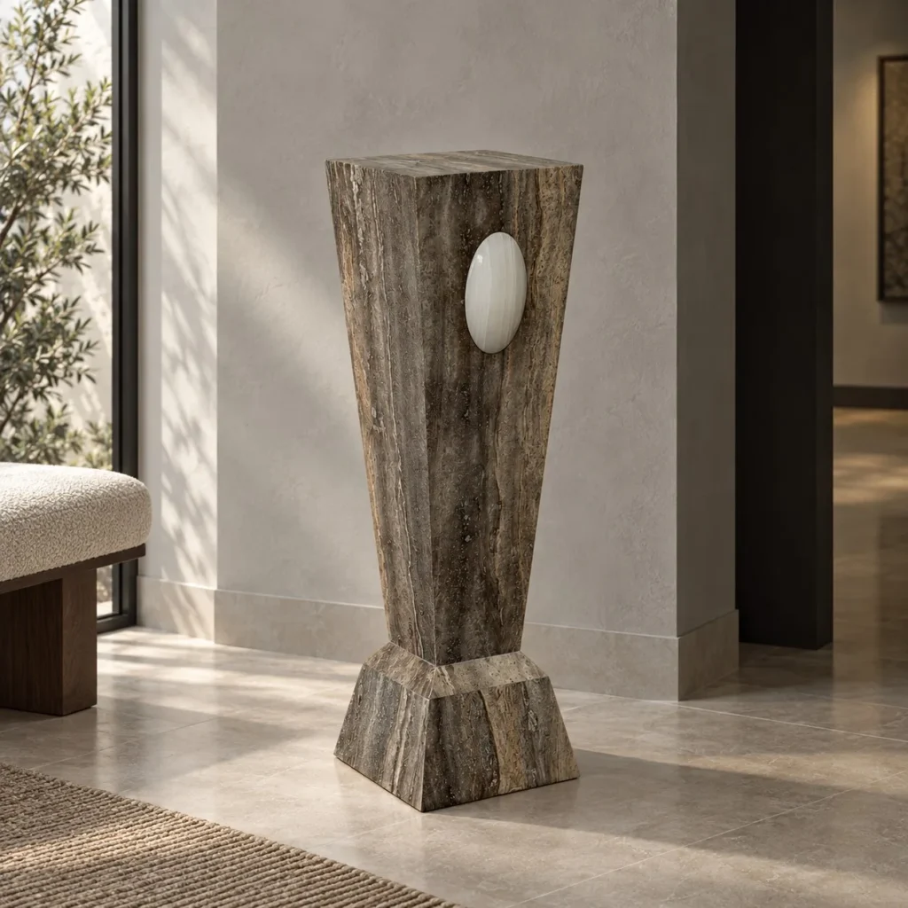 Silver Travertine Geometric Pedestal with White Jade Oval in slate — front view