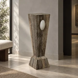 Silver Travertine Geometric Pedestal with White Jade Oval in slate — front view