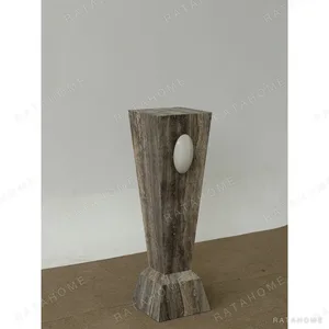 Silver Travertine Geometric Pedestal with White Jade Oval in slate — in a room setting