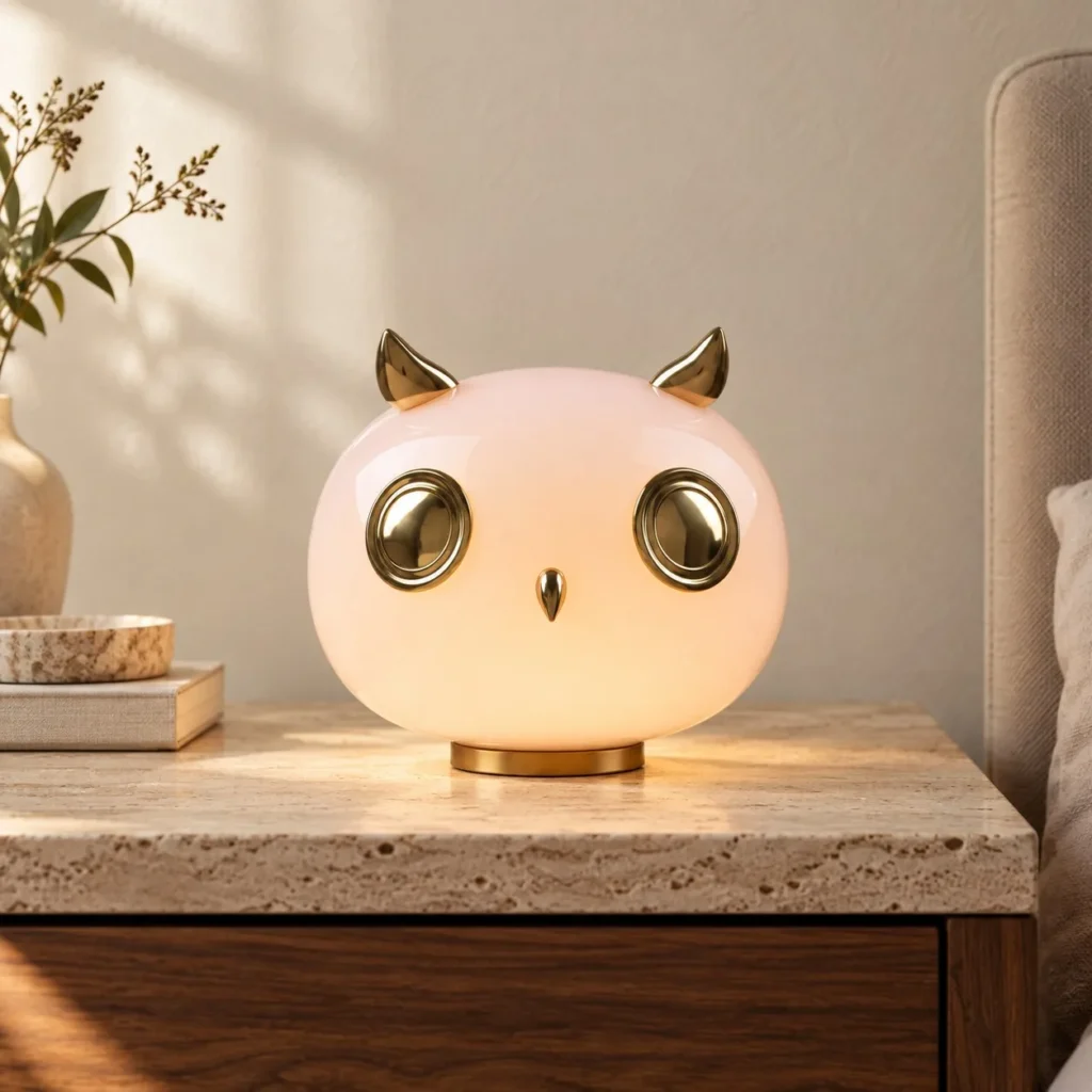 Owl Opal Glass Table Lamp with Brass Eyes in ivory — front view