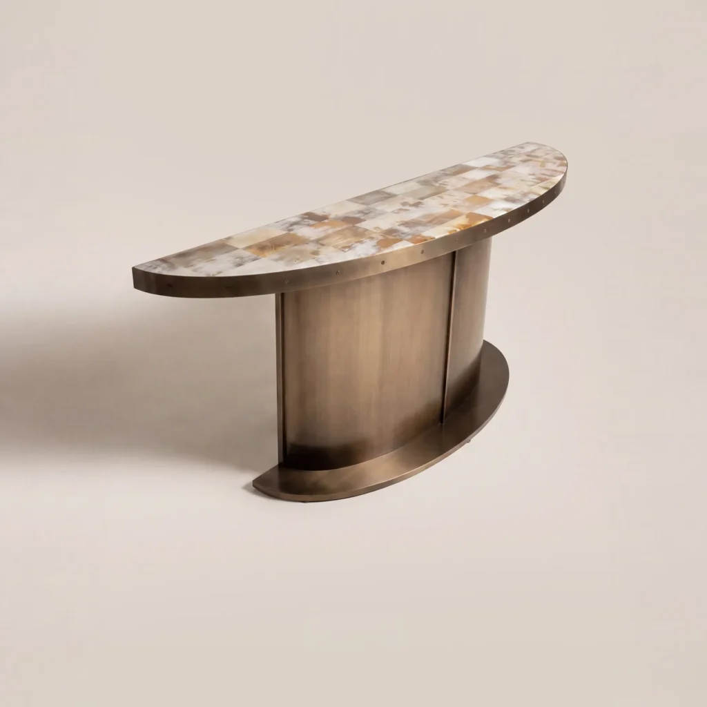 Horn Marquetry Half-Round Console on Brushed Metal Base in clay — front view