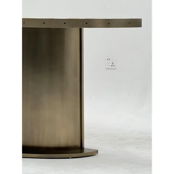 Horn Marquetry Half-Round Console on Brushed Metal Base in clay — in a room setting