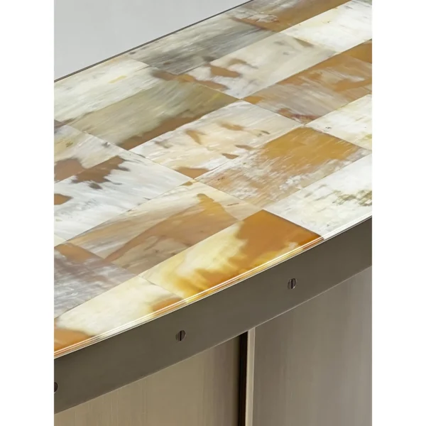Horn Marquetry Half-Round Console on Brushed Metal Base in clay — in a room setting