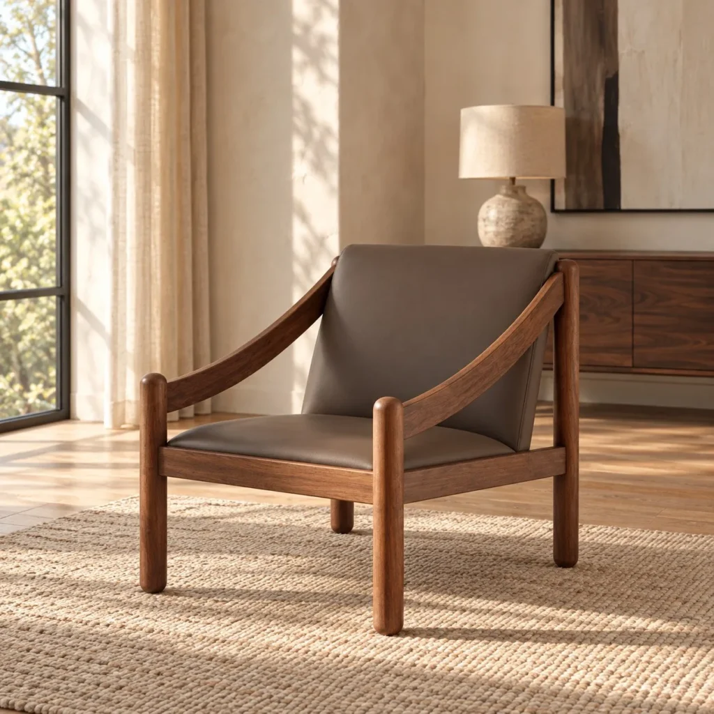 Pali Teak Lounge Chair in Taupe Microfibre Leather — front view