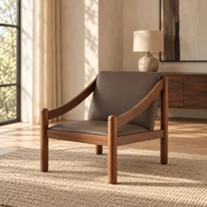 Pali Teak Lounge Chair in Taupe Microfibre Leather — front view