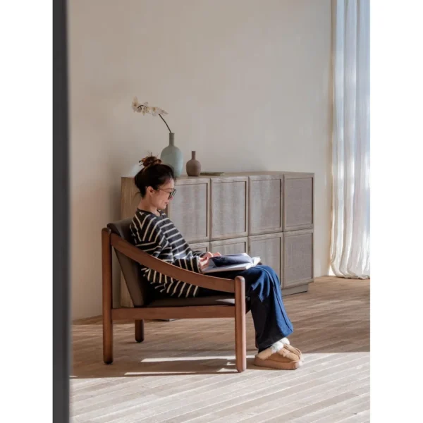 Pali Teak Lounge Chair in Taupe Microfibre Leather — in a room setting