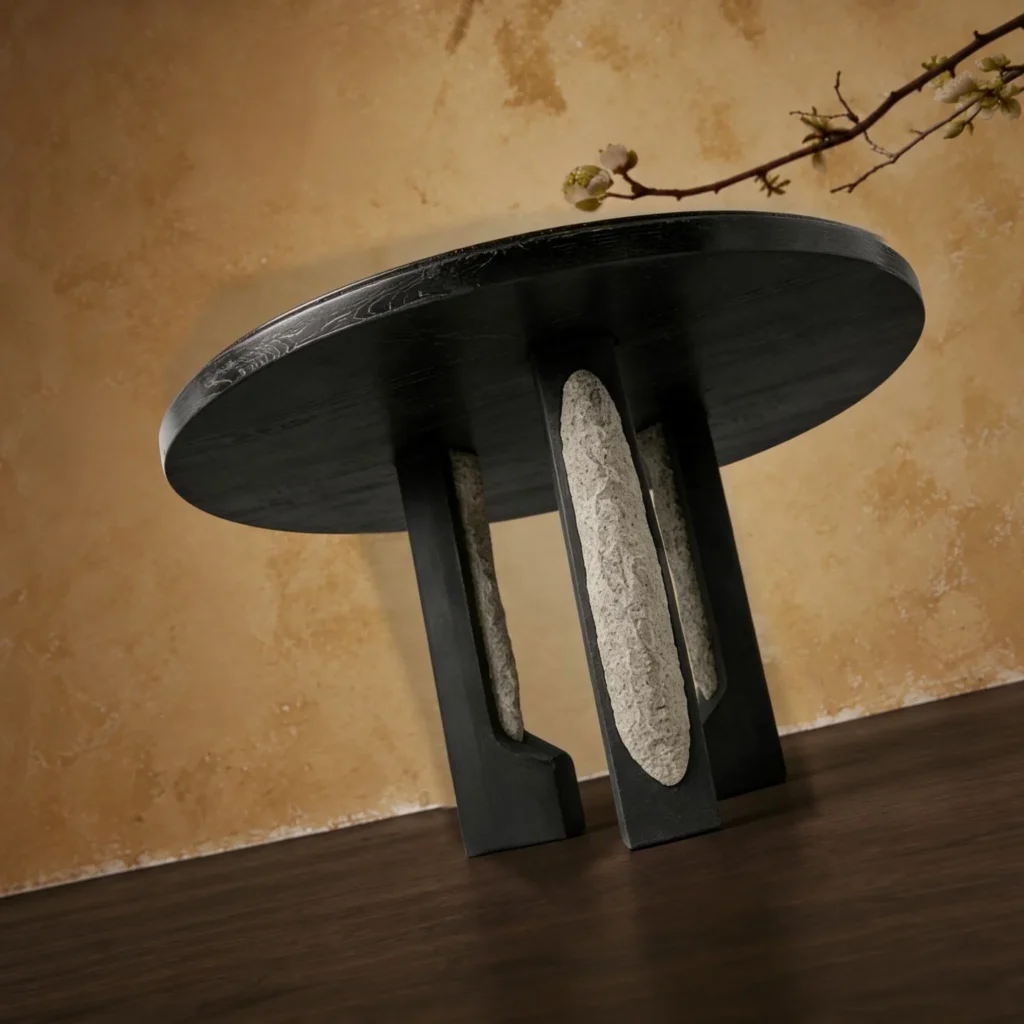 Panmu Round Black Table with Stone-Inset Base in black — front view
