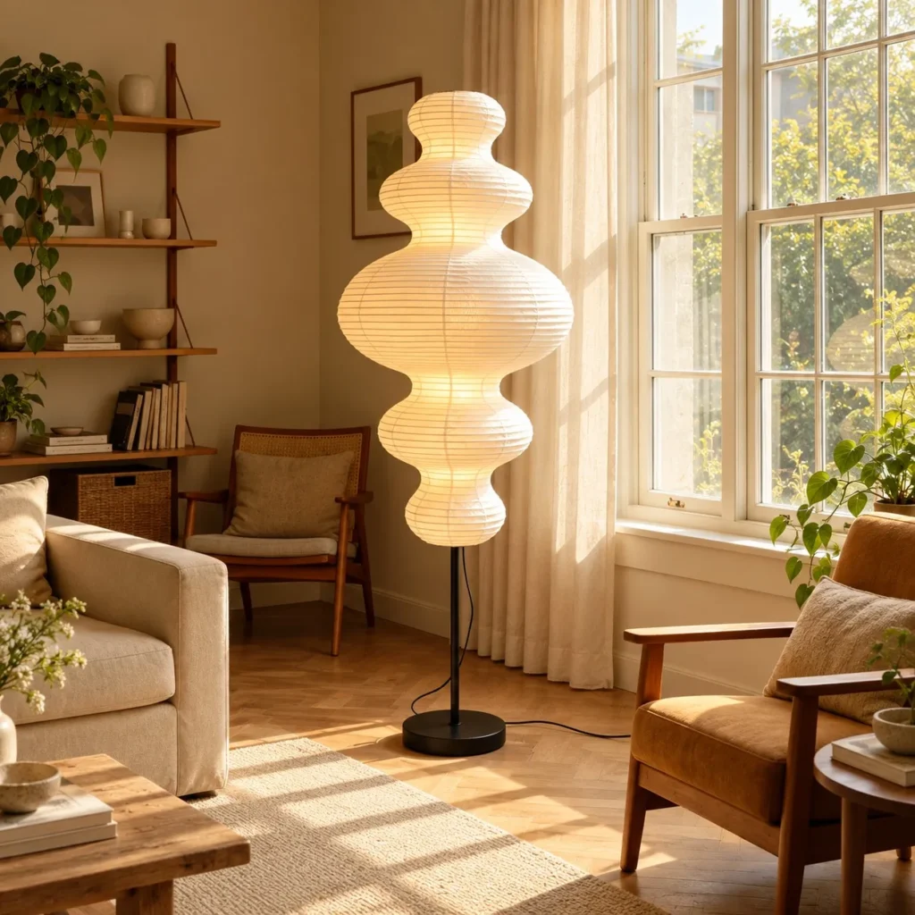 Pleated Paper Gourd Floor Lamp on Black Stem in oatmeal — front view