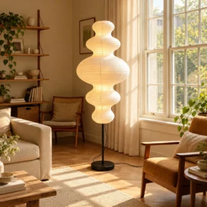 Pleated Paper Gourd Floor Lamp on Black Stem in oatmeal — front view