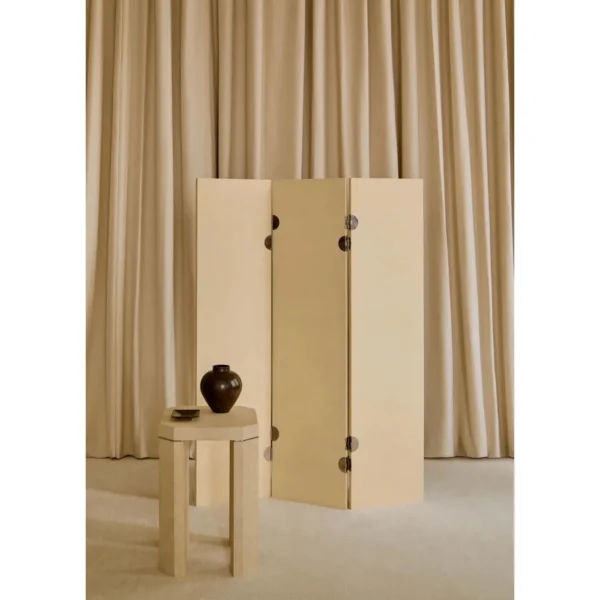 Plain Parchment Three-Panel Folding Screen in oatmeal — in a room setting