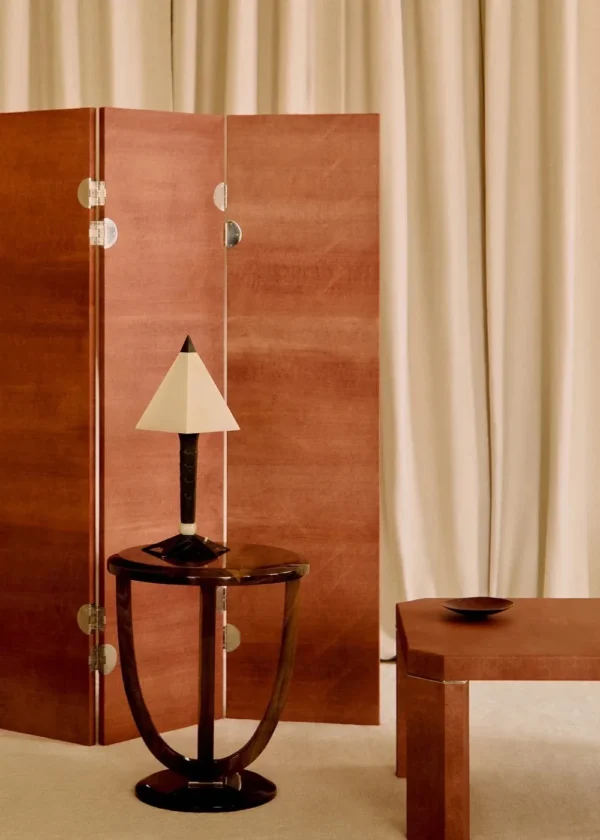 Plain Parchment Three-Panel Folding Screen in oatmeal — in a room setting