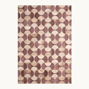 Patchwork Cowhide Rug with Half-Circles in Plum and Cream — front view