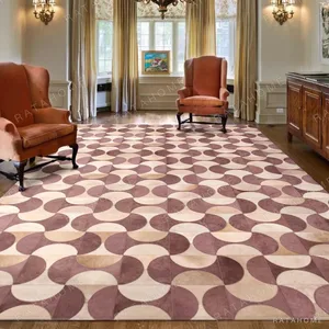 Patchwork Cowhide Rug with Half-Circles in Plum and Cream — in a room setting