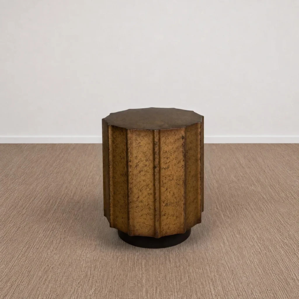 Patina Hand-Worked Metal Faceted Side Table, 35 cm in clay — front view
