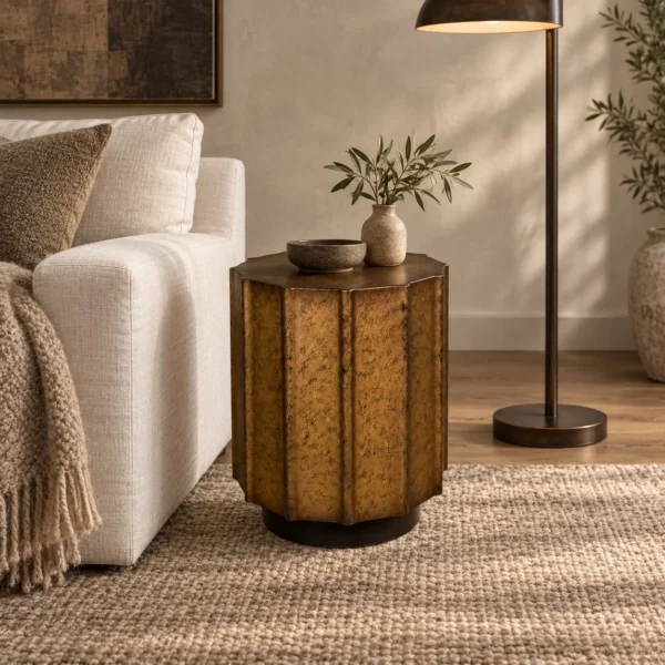 Patina Hand-Worked Metal Faceted Side Table, 35 cm in clay — in a room setting