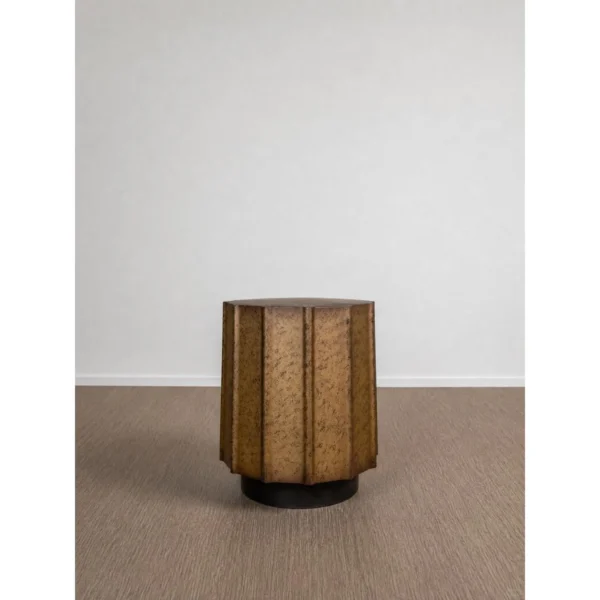 Patina Hand-Worked Metal Faceted Side Table, 35 cm in clay — in a room setting