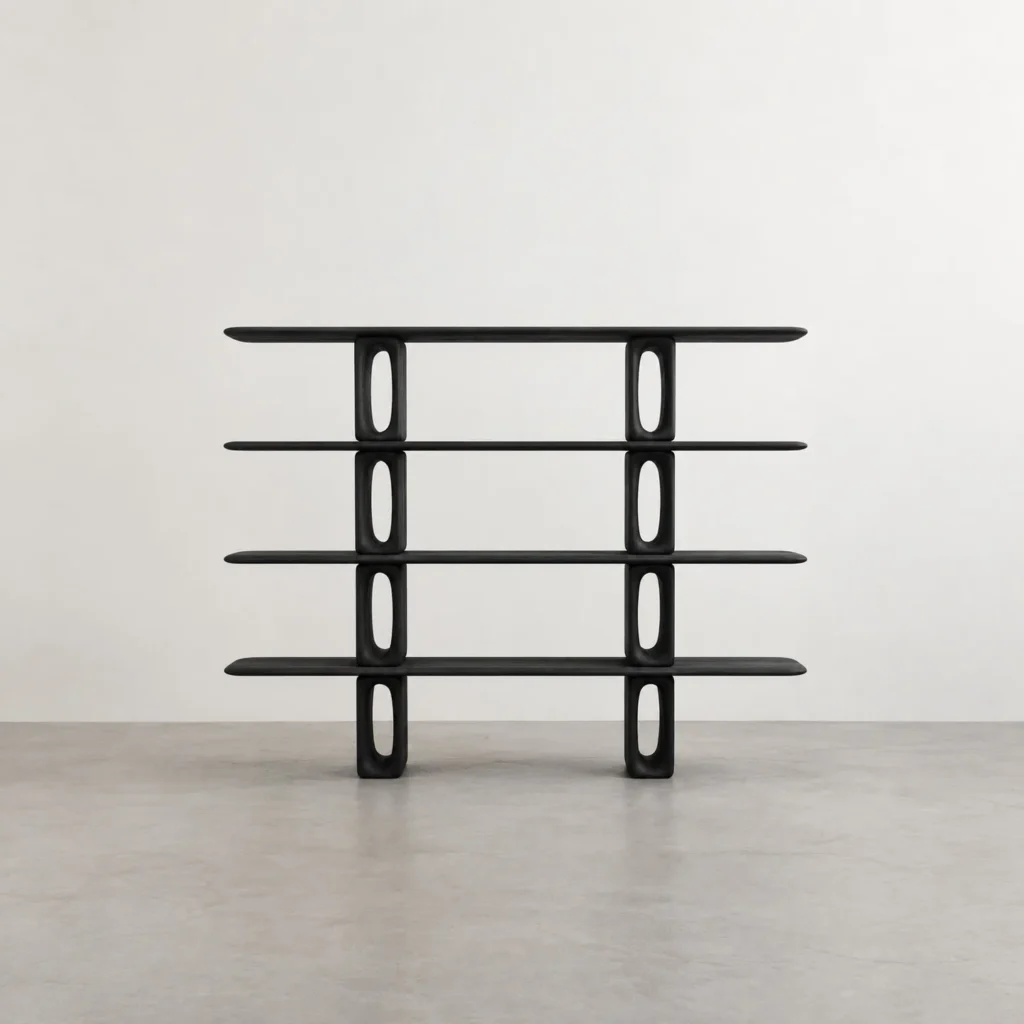 Dark Wood Open Bookcase with Oval Cut-Out Supports in black — front view