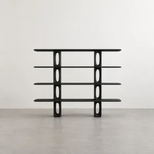 Dark Wood Open Bookcase with Oval Cut-Out Supports in black — front view