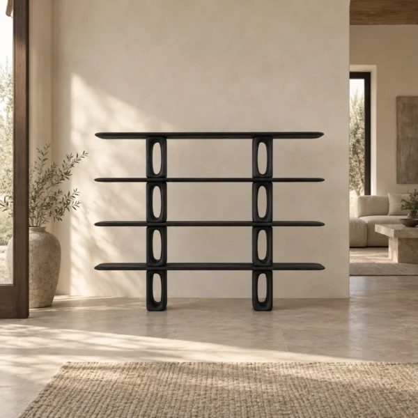 Dark Wood Open Bookcase with Oval Cut-Out Supports in black — in a room setting