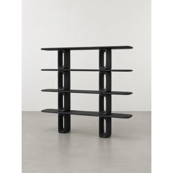 Dark Wood Open Bookcase with Oval Cut-Out Supports in black — in a room setting