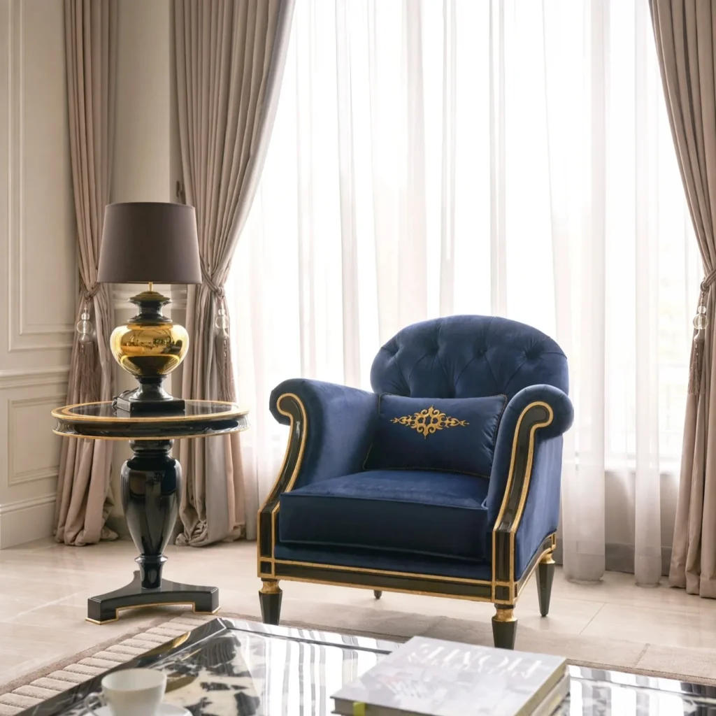 Payton Navy Velvet Tufted Armchair in blue — front view