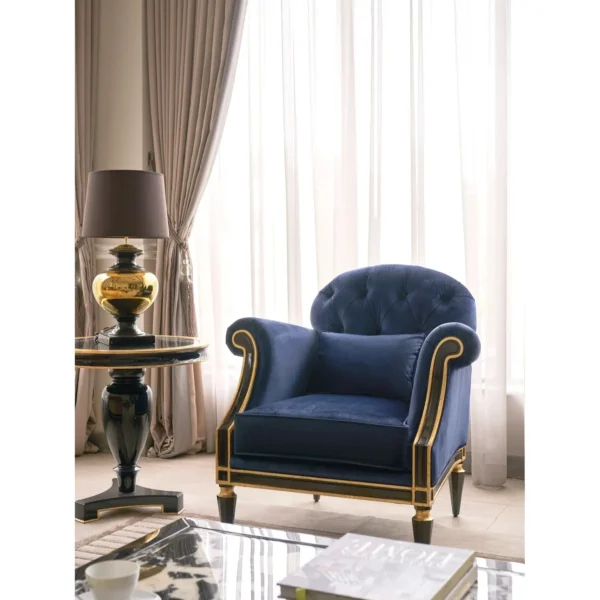 Payton Navy Velvet Tufted Armchair in blue — in a room setting