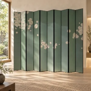 Pea-Green Camellia Eight-Panel Folding Screen in olive — front view