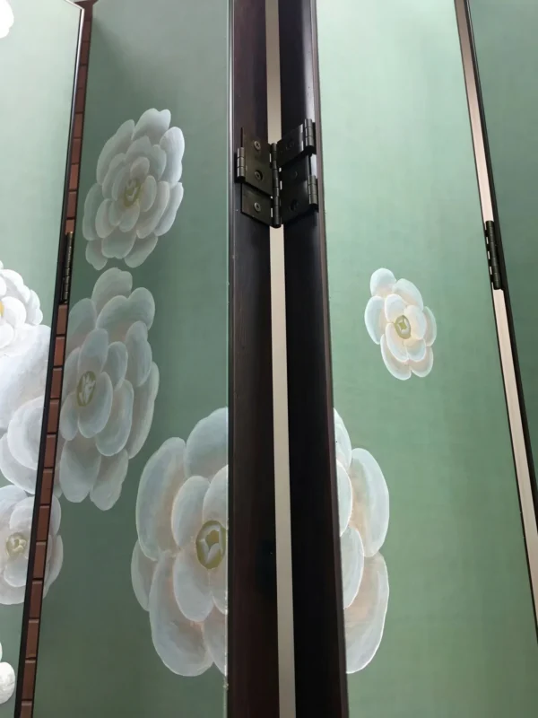 Pea-Green Camellia Eight-Panel Folding Screen in olive — in a room setting