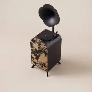 Peacock Brocade Gramophone Record Player with Petal Horn in black — front view