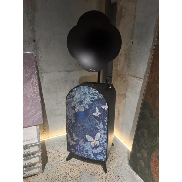 Peacock Brocade Gramophone Record Player with Petal Horn in black — in a room setting