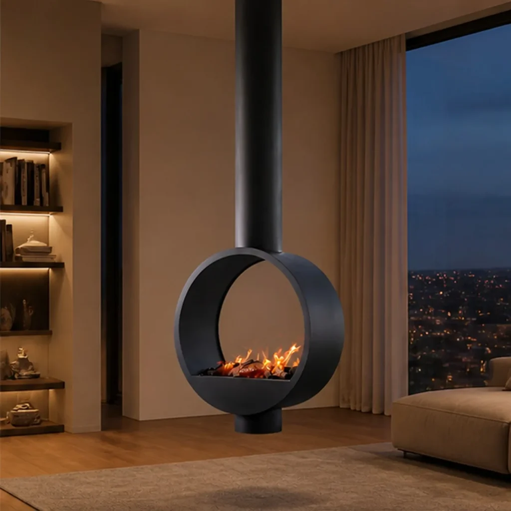 Pearl Suspended Ring Fireplace, 80 cm in black — front view