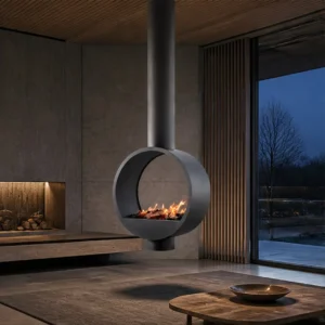 Pearl Suspended Ring Fireplace, 80 cm in black — in a room setting