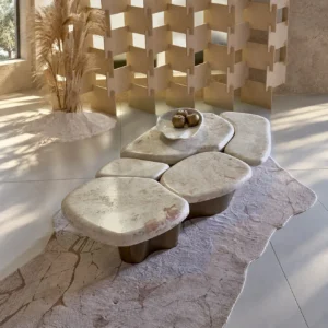 Pebble Landform Cream Marble Coffee Table Cluster in oatmeal — front view