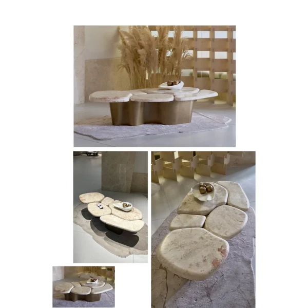 Pebble Landform Cream Marble Coffee Table Cluster in oatmeal — in a room setting
