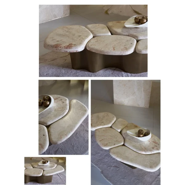 Pebble Landform Cream Marble Coffee Table Cluster in oatmeal — in a room setting