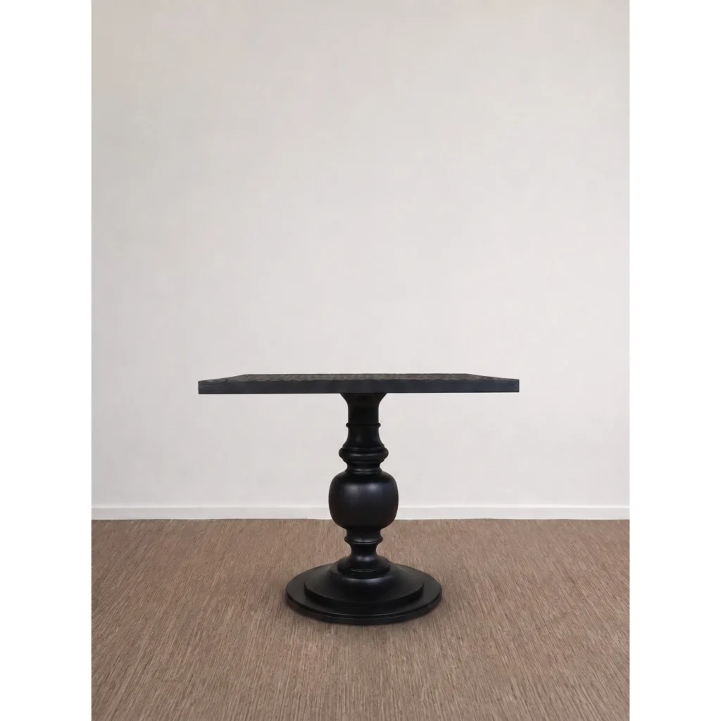 Inkstone Solid Wood Pedestal Table with Turned Old Wood Base in black — front view