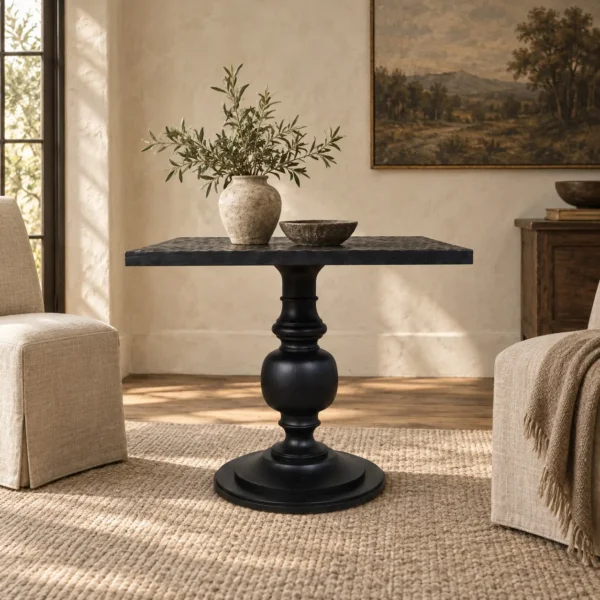 Inkstone Solid Wood Pedestal Table with Turned Old Wood Base in black — in a room setting