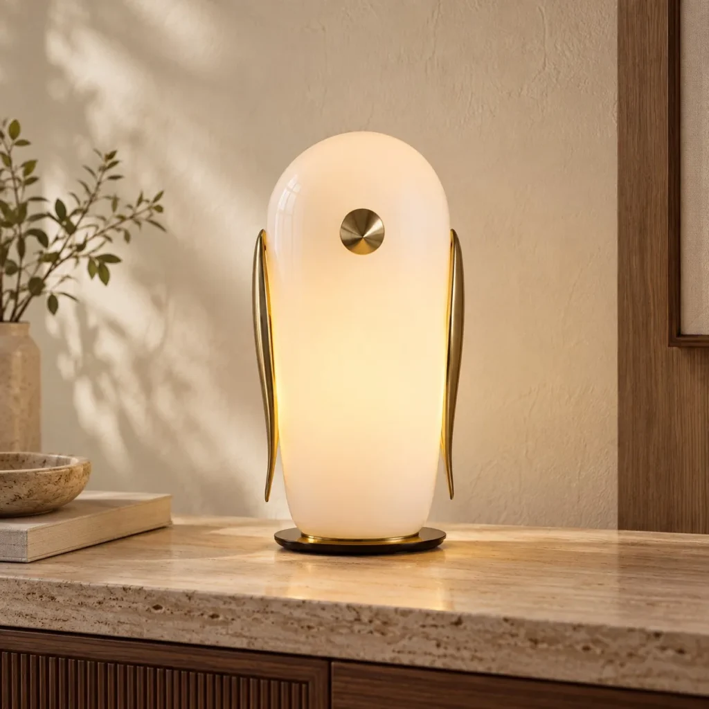 Penguin Opal Glass Table Lamp with Brass Wings in ivory — front view