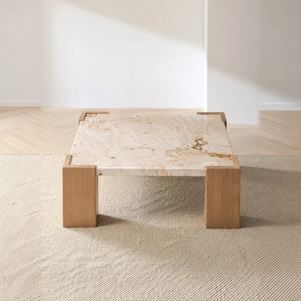 Persian White Jade Marble Coffee Table on Oak Corner Legs in oatmeal — front view