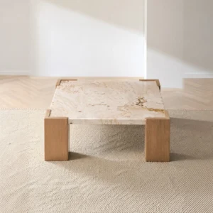 Persian White Jade Marble Coffee Table on Oak Corner Legs in oatmeal — front view