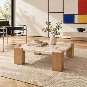 Persian White Jade Marble Coffee Table on Oak Corner Legs in oatmeal — in a room setting