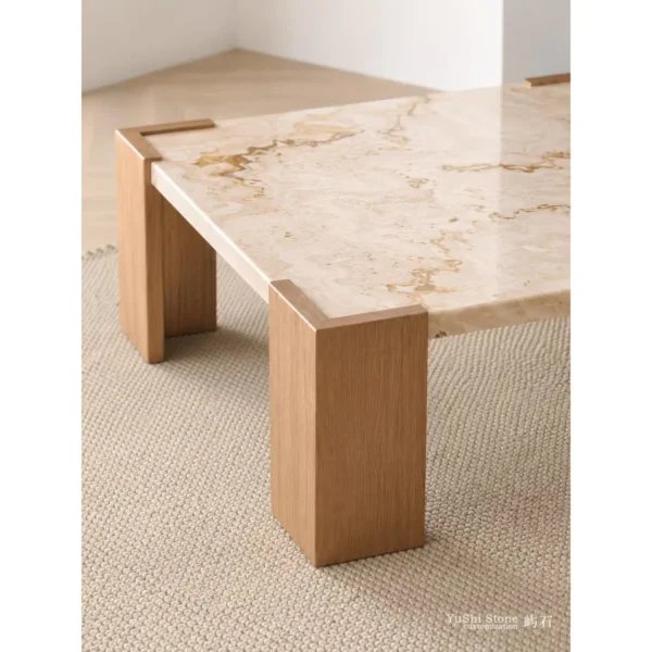 Persian White Jade Marble Coffee Table on Oak Corner Legs in oatmeal — in a room setting